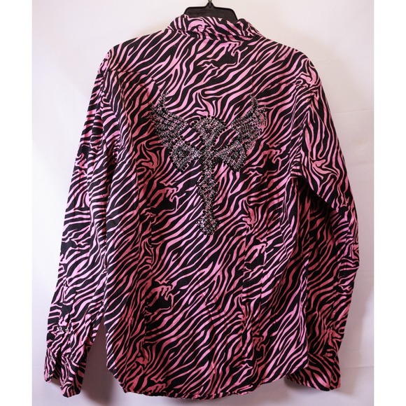 Cowgirl Hardware Women XL Shirt Snap Western Pink Black Rodeo‎ Zebra Bling Cross - Picture 2 of 9